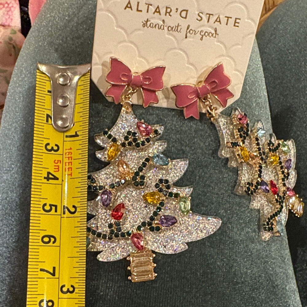 Altar'd State Glitter Christmas Tree Earrings Silver Holiday Party Statement - Picture 9 of 10